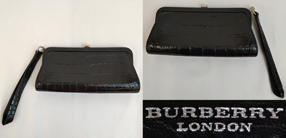 Burberry Black Crocodile Wristlet Latch Closure Plaid Lining Used #Z5958